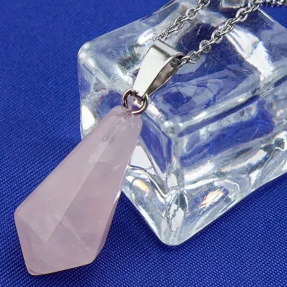 Rose Quartz Natural Gemstone Hexagonal Chakra Points Pendant Necklace - Picture 2 of 2
